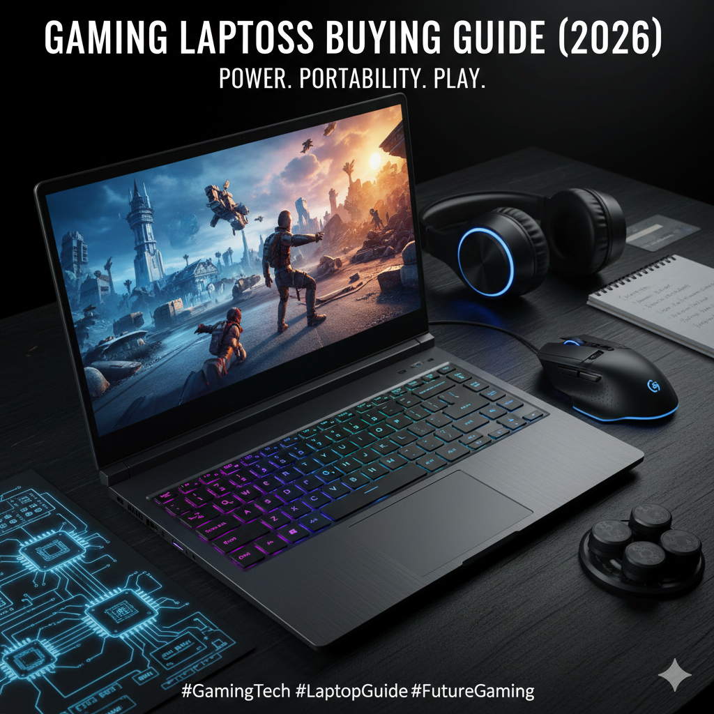 A high-performance gaming laptop with a glowing RGB keyboard is shown on a desk alongside a mouse, headset, and an open technical schematic.